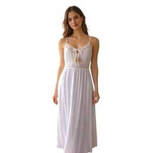 Japna Dress Womens M White Maxi Embroidered Boho Tassel Beach Resort Cottagecore